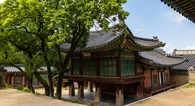 Traditional Korean palace pavilion surrounded by green trees and historic architecture   