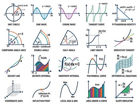 Mathematics formulas unit circle sine cosine tangent waves graphs