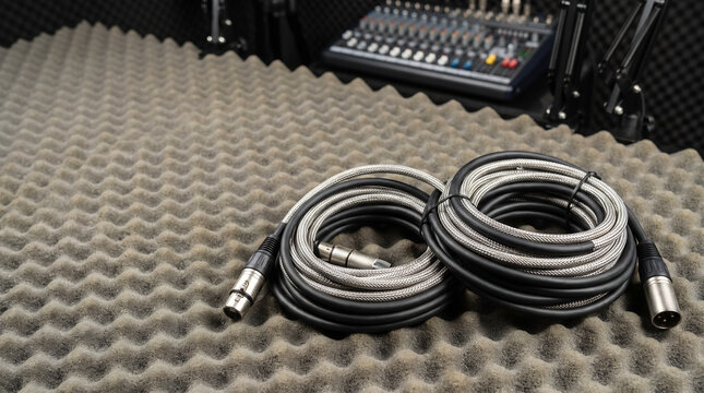 Professional audio recording setup with coiled XLR cables on soundproofing foam in a studio
