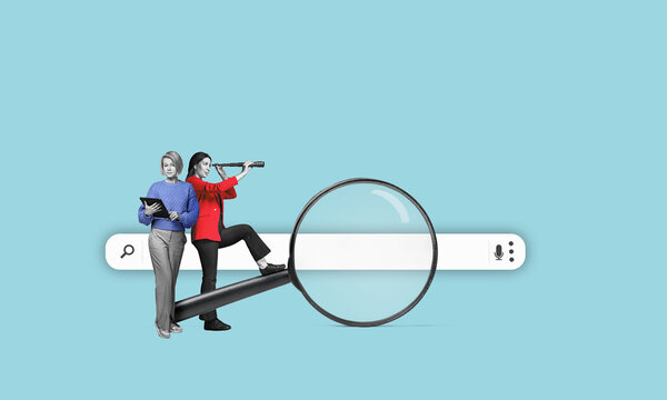 A young team with a binoculars stands on a big magnifying glass. Isolated free search area. Searching for information on the internet concept.