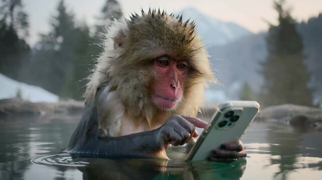 Snow Monkey Holding Smartphone in Steaming Mountain Hot Spring