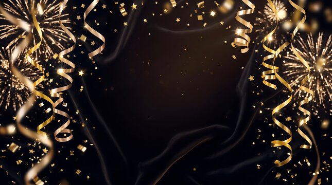 Luxurious gold fireworks and confetti on black silk festive background