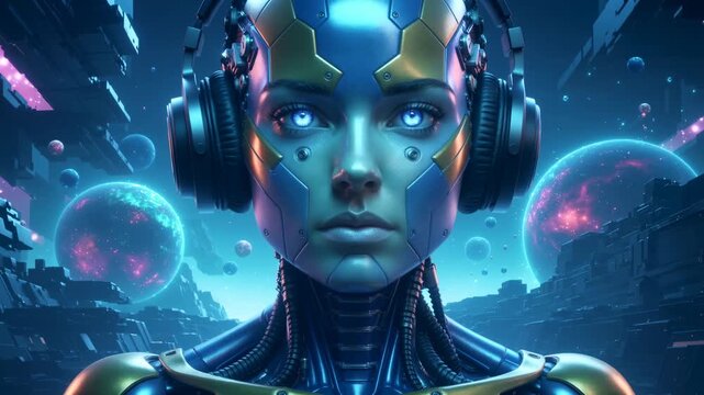 Humanoid Robot with Headphones in Sci Fi Universe