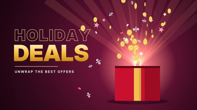 Gift box bursting open with gold coins, stars and percent symbols, holiday deals sale animation