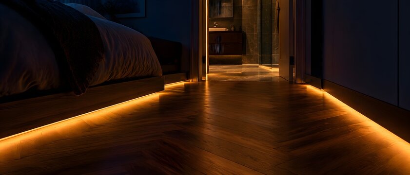 Warm amber led skirting night light casting a continuous guiding line along dark hallway floor
