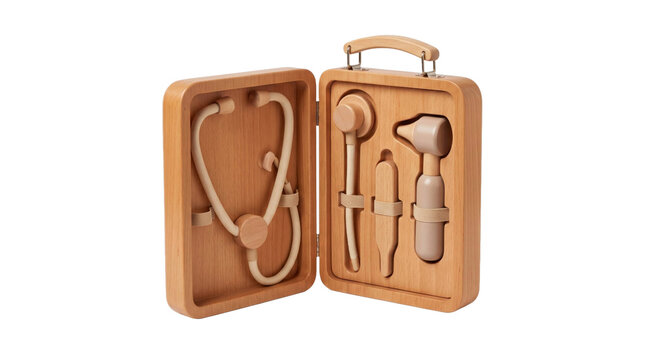 Wooden toy doctor kit with medical instruments on a transparent background