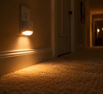 Plug in motion sensor night light casting downward glow from wall socket along carpeted corridor