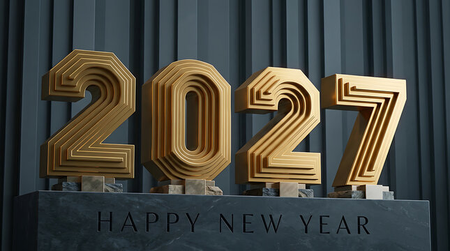 Gold 2027 New Year numerals with metallic layered texture on a dark stone pedestal for holiday celebrations