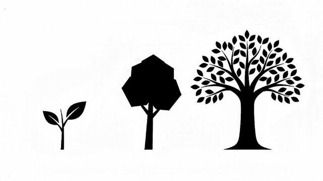 Tree Growth Stages Silhouette, From Sprout to Big Mature Tree, Business Growth, Life Cycle and Nature Ecology Concept