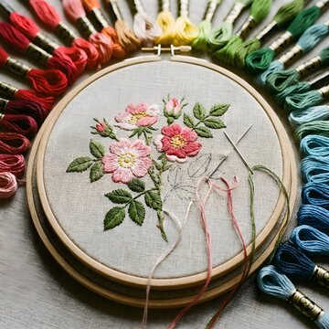 Embroidery hoop with floral needlework surrounded by colorful thread