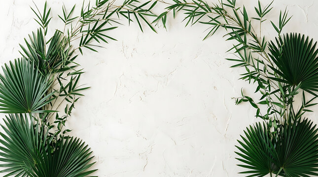 Tropical palm leaves and bamboo branches framing a textured white background with central copy space for wedding or event invitations