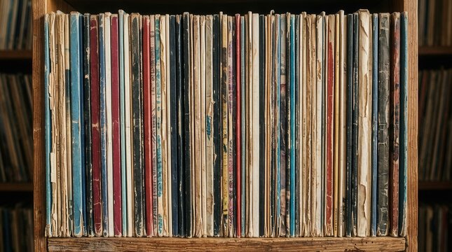Colorful spines of a tightly packed vinyl records collection on a shelf
