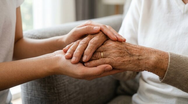 Asian female hands touching old female hand in a helping hands take care of the elderly concept