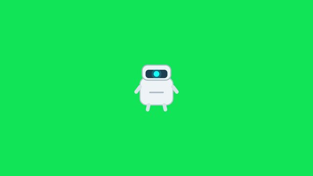 Cute little white robot character turning its head side to side on green screen background