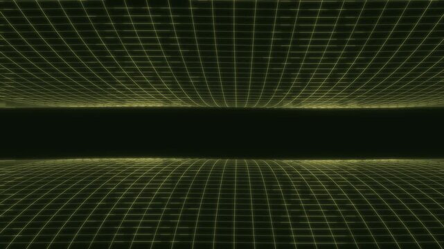 Abstract 80s retro sci-fi green wireframe grid landscape with glowing horizon. Futuristic perspective grid tunnel background, seamless loop.
