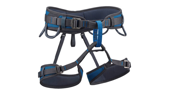 Blue and black climbing harness with adjustable straps on a transparent background
