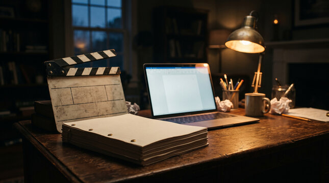 Screenwriter Desk with Script Pages, Clapperboard and Moody Desk Lamp