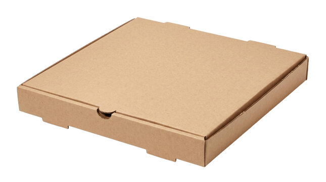 Closed brown cardboard pizza box on a transparent background