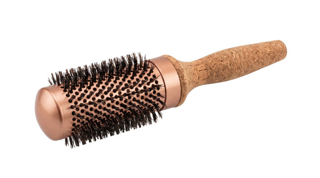 Copper-bristled round hairbrush with wooden handle on a transparent background