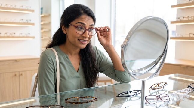 Optometry: Asian woman choosing new eyeglass frames while looking in an optical store mirror