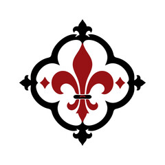 Gothic quatrefoil frame with a red fleur de lis center and black finial tips, black and red vector icon for royal heraldry, emblem badge and tattoo designs. © Marcelino