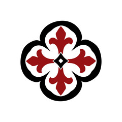 Gothic quatrefoil frame with four red fleur de lis and a black diamond center, black and red vector icon for royal heraldry, tile pattern and tattoo designs. © Marcelino