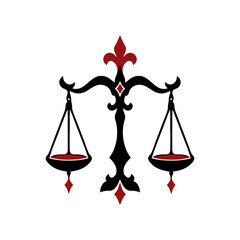 Gothic scales of justice with a red fleur de lis top and hanging red pans, black and red vector icon for law, balance, libra zodiac and tattoo designs. © Marcelino