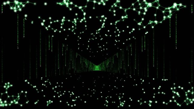 Seamless loop 4K green digital code rain tunnel with glowing plexus network connections, cyber technology data stream background