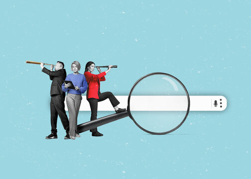A young team with a binoculars stands on a big magnifying glass. Isolated free search area. Searching for information on the internet concept.