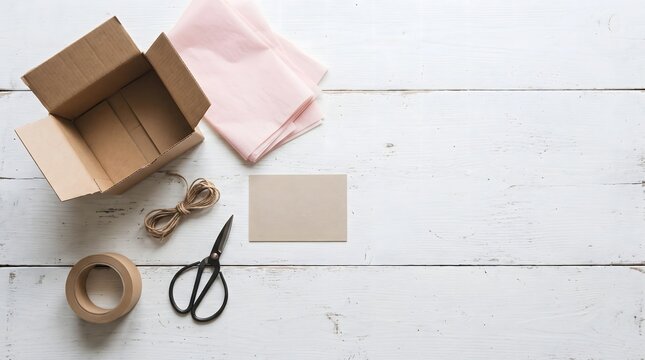 Small online shop packing station with kraft box and twine flat lay
