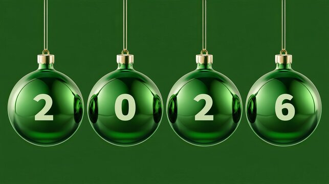 Four shiny green ornaments elegantly display the year 2026 against a deep background, representing festive celebrations and new beginnings