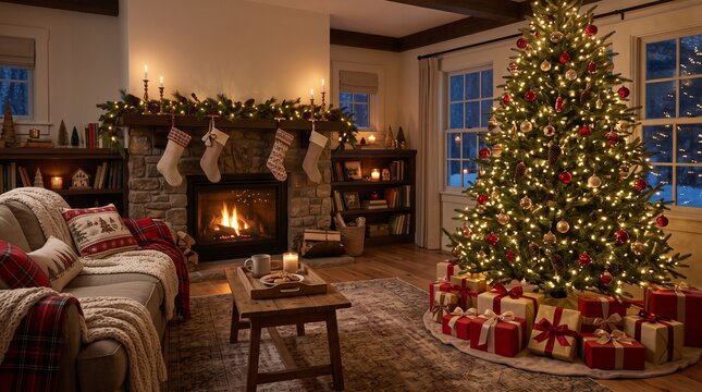 Cozy Christmas living room with a decorated tree, wrapped presents and a glowing fireplace, creating a warm and festive holiday atmosphere.