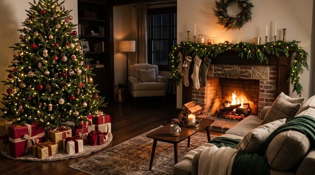Cozy Christmas living room with a decorated tree, wrapped presents and a glowing fireplace, creating a warm and festive holiday atmosphere.