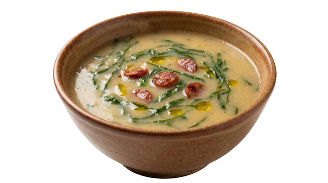 Caldo verde soup with sausage and kale in a brown bowl on a transparent background