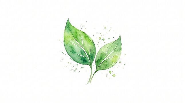 Watercolor green leaves with splatter paint on white background