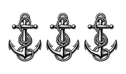 Three black and white vector nautical ship anchors wrapped in rope in vintage engraving style for marine, sailing, and maritime designs © AkHl