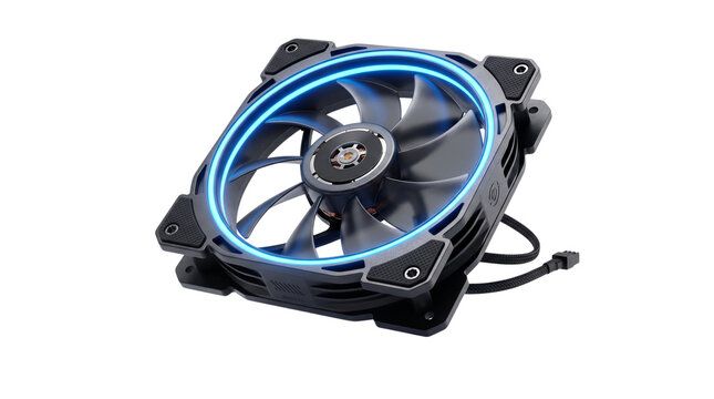 Modern computer cooling fan with blue LED lighting, high performance pc fan isolated on white background, hardware component for custom pc build