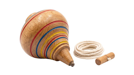Colorful wooden spinning top with rope and peg on a transparent background © YULIIA