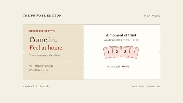 Elegant Minimalist UI Animation of a Security Verification Process for a Private Membership Access, Featuring a Four-Digit OTP Code Entry and Identity Confirmation on a Clean Cream Background.