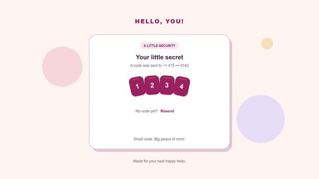 Minimalist UI Animation of a Two-Factor Authentication Process for Secure Login, Featuring OTP Entry and Identity Verification Screen with Clean Pastel Design and Smooth Motion Graphics