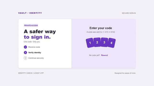 Digital User Interface Design Showing Two-Factor Authentication with a Four Digit Security Code Entry for Private Account Access and Identity Verification on a Clean Modern Purple Background.