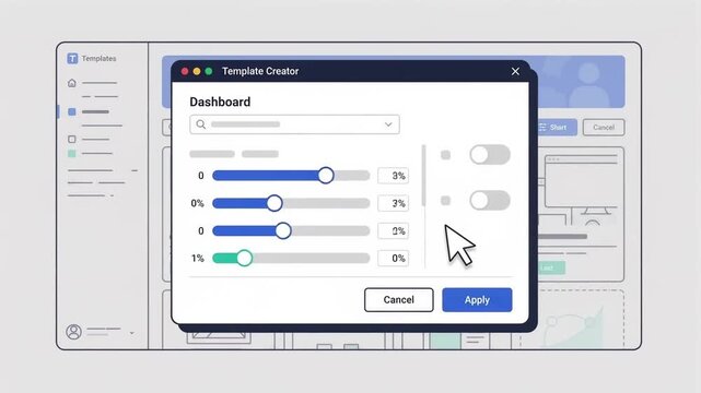 Modern User Interface Animation Showing a Template Creator Dashboard with Interactive Sliders, Data Visualization Charts, and Navigation Elements for a Software Application or Web Service