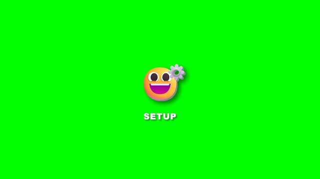 Smiling emoji setup icon with spinning gear mechanism on transparent background