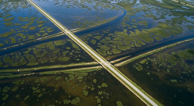 Stunning Aerial View of a Straight Road Cutting Through Vast Green Marshland and Blue Wetlands. Ideal for environmental conservation articles and infrastructure development.