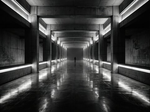 Long dark empty corridor with a distant lone silhouette, minimalist black and white architecture. Wide concrete walkway lined with columns and glowing horizontal light strips leads toward a black