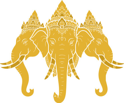Golden Thai traditional three-headed elephant heads vector illustration, sacred Erawan mythical creature of Southeast Asia, traditional Thai art style isolated on white background.
