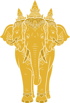 Golden Thai traditional mythical Erawan or three-headed elephant vector illustration, sacred creature of Southeast Asia, traditional Thai art style isolated on white background.
