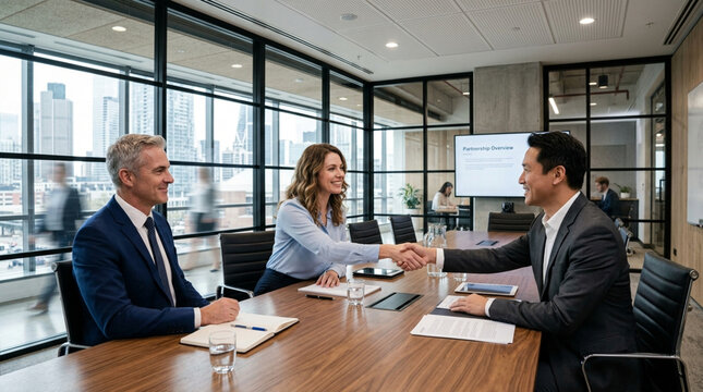 Business Handshake in Modern Boardroom with City View