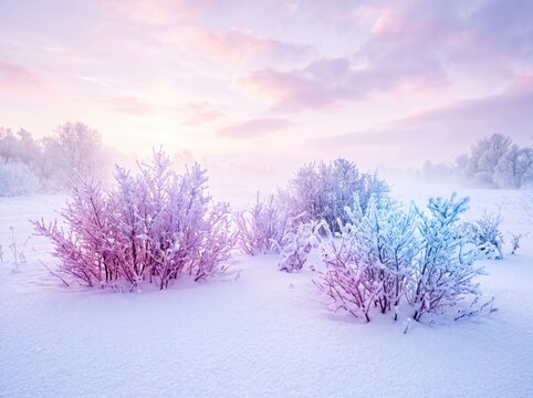 Rainbow-tinted snowy shrubs in winter field, pastel fantasy photography. Frosted bushes glow in magenta, violet and blue gradients on a white snowy meadow under a soft pink-white sky. Dreamy light,