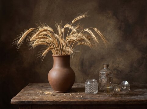 Wheat ears in brown vase with antique glass bottles on wooden table, fine art still life photography. Golden wheat stalks rise from a matte terracotta vase beside a cut-glass bottle, a crystal jar and